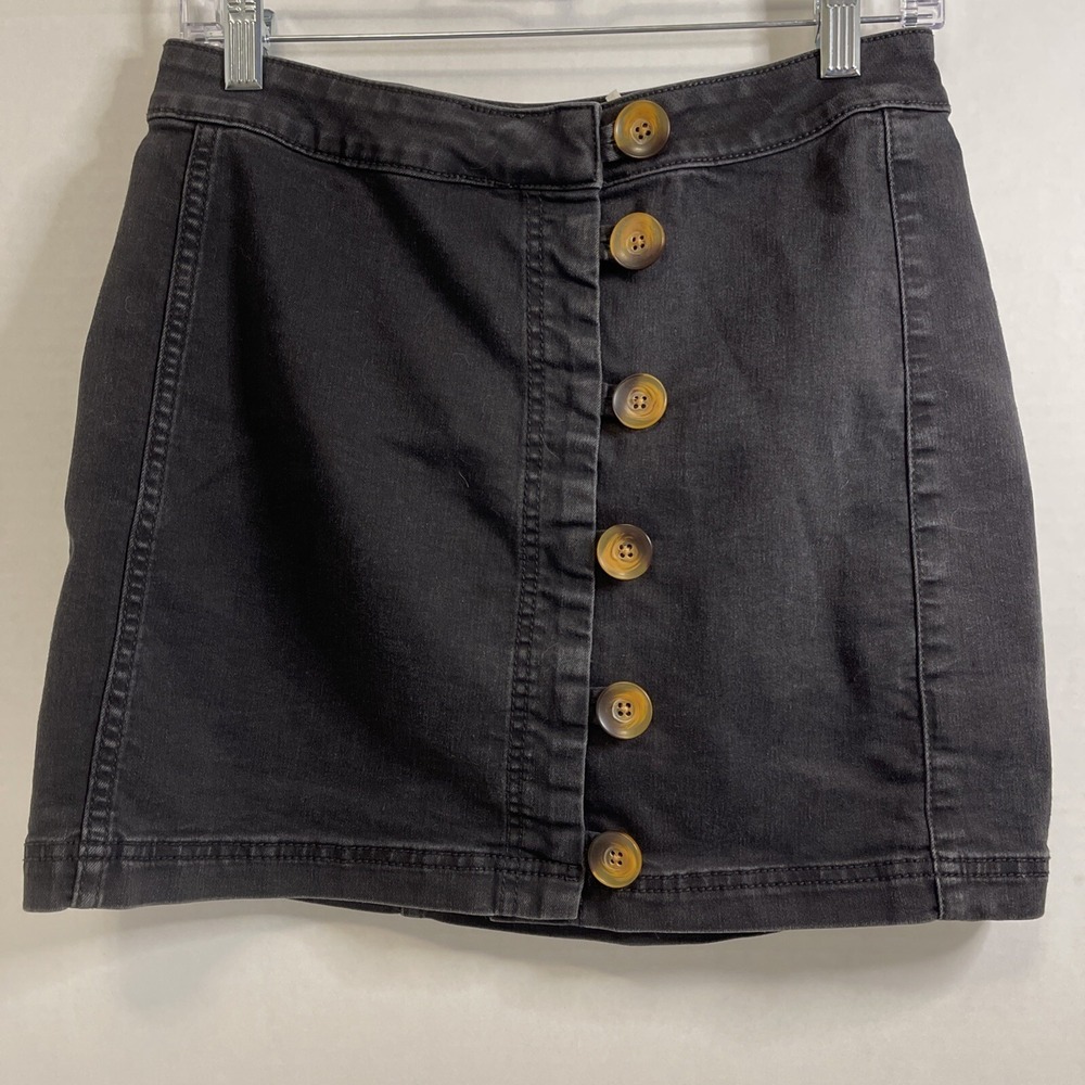 Free People Little Daisies Black Denim Mini Skirt Short Buttons Women's Size 8 - Picture 1 of 12